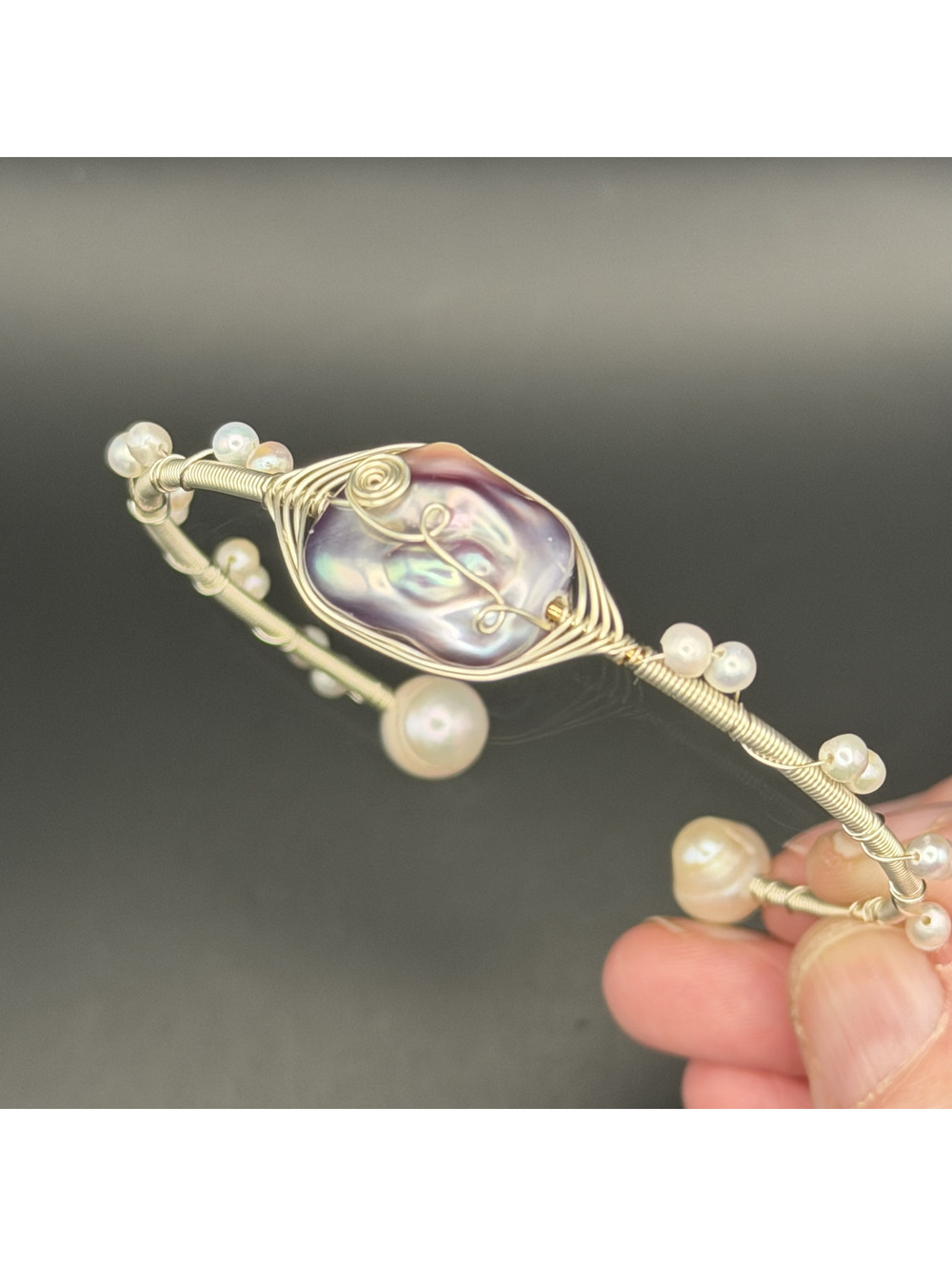 Freshwater Cultured Lilac Baroque Wire Wrap Silver Tone Bangle Bracelet